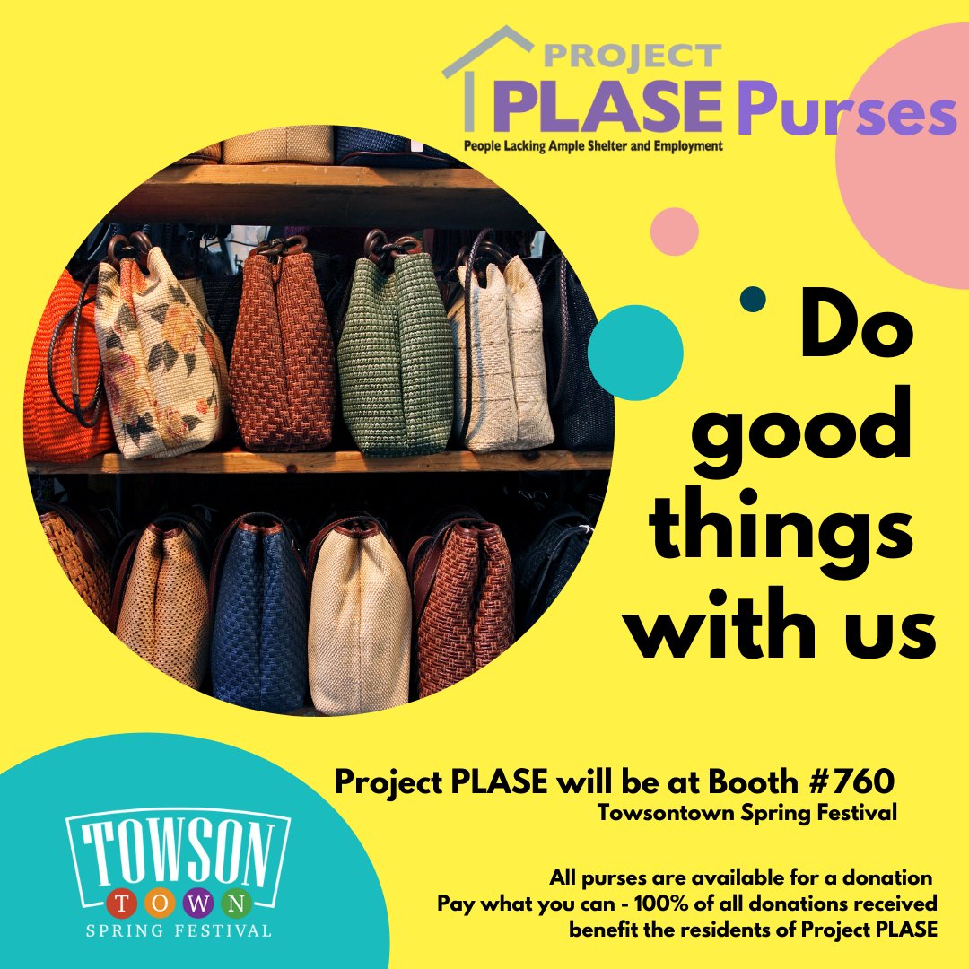 projectPLASE's tweet image. Stop by Booth #760!
Towsontown Spring Fest
Project PLASE Purses
Pay What You Can
#projectplase  #towsontownspringfest
#PLASEPurses