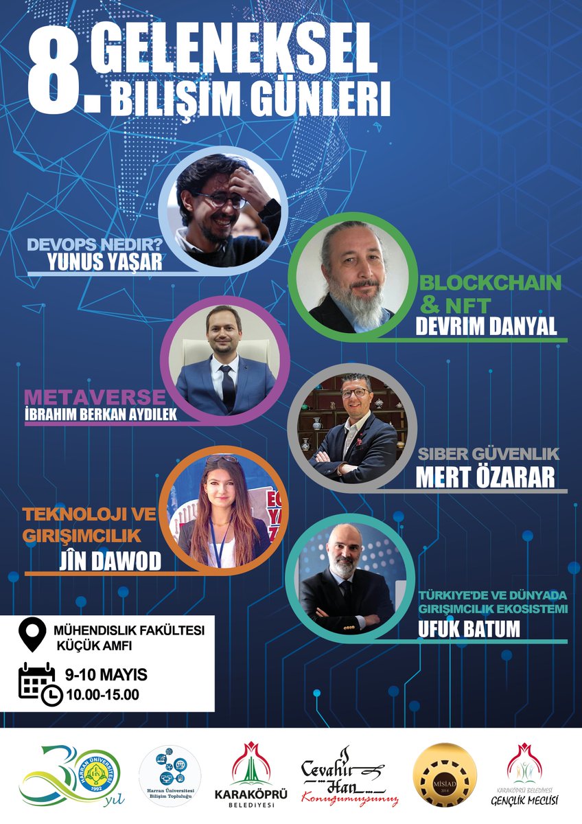 📆Etkinlik 9 Mayıs Saat 11.00, 10 Mayıs saat 10.00 da, Mühendislik Fakültesi Küçük Amfi' de gerçekleştirilecektir.
📌Ayrıca Bilişim Günleri etkinliğimizde En Genç Belediye Başkanlarından, Karaköprü Belediye Başkanımız <a href="/MetinBaydilli/">Metin BAYDİLLİ</a> de aramızda olacaktır.
Hepiniz Davetlisiniz 🥳