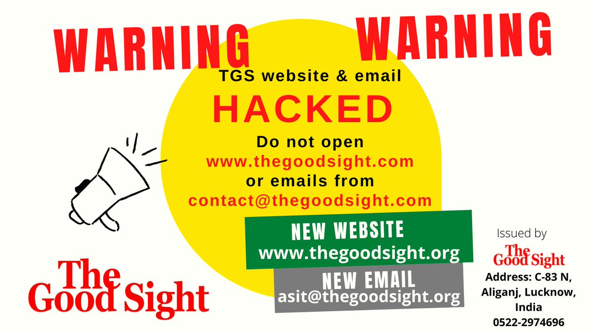 thegoodsight's tweet photo. Dear all #stakeholders! #Beware...#Hackers have targeted us...but @thegoodsight would continue to report on #social issues. Thank you!
#GlobalGoals #SDGs 
@heeralalias #cybercrime #cybersecurity https://t.co/0VwqqIHTDP