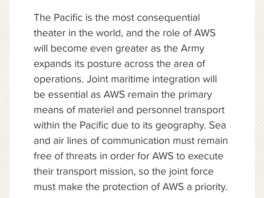 supbrow's tweet photo. Good explanation of #ArmyWatercraft, although the word #Sealift does not appear at all.
And sorry, AWS are not "primary means of material transport." Sealift is.
Does acknowledge recent move to divest; also need for secure sea lanes.
@mercoglianos
@WDMills1992
@zach_ota https://t.co/EBvvRHv1eA