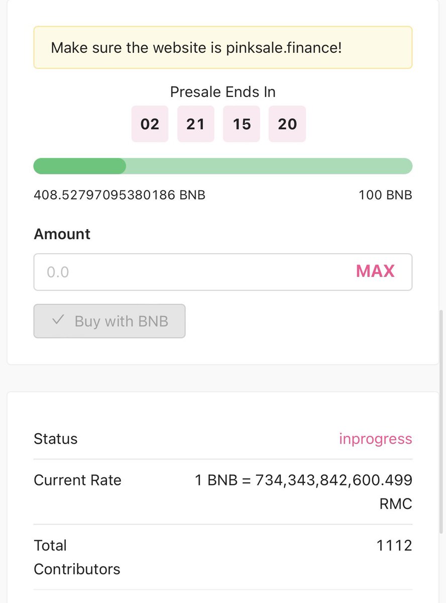The IDO is continuing.🔥🔥🔥🔥

✅✅✅✅Progress:
Soft cap 100 BNB filled in a SECOND🚀
400 BNB filled in an hour🔥
NO.1 ranking on <a href="/pinkecosystem/">PinkSale (Pink Ecosystem)</a> 

Congrats on those who joined in the presale 🚀🚀🚀🚀🚀

This is just the beginning, more marketing in on the way.⚠️🚨🚀🚀🚀🚀🚀