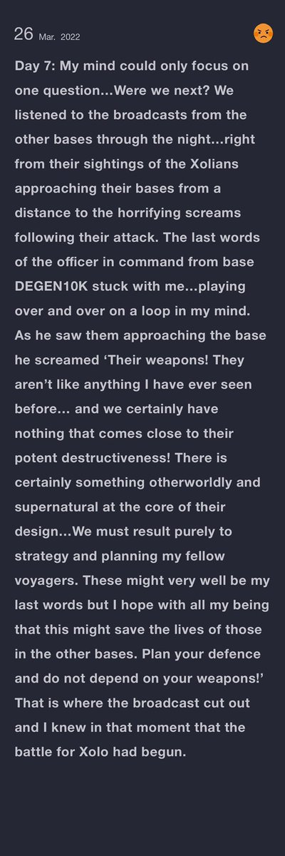 An entry for the #JRNYcontest for #JRNYclub <a href="/JRNYclub/">JRNY CLUB</a> <a href="/PlanetXOLO/">Planet XOLO</a> <a href="/JRNYcrypto/">JRNY Crypto</a> Excerpts from a voyager’s diary log detailing his first week on Xolo and the beginning of the planetary colonisation mission WAGMI with the end goal of becoming Villagers of Xolo!