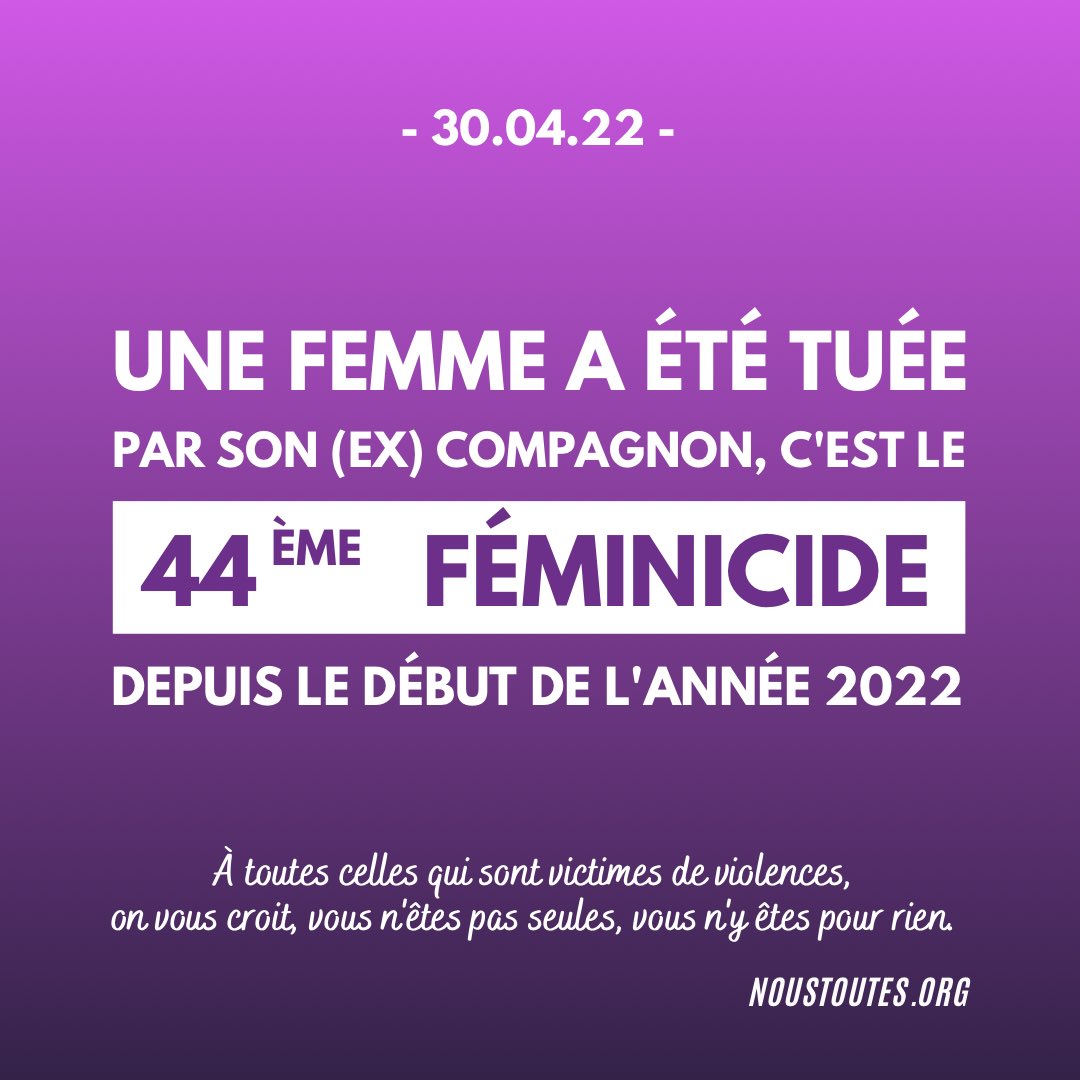 Mardi 26 avril à Epinal (88), une femme de 44 ans réfugiée du Kosovo a été poignardée par son conjoint en présence de 3 de leurs 8 enfants.

C’est le 44ème féminicide de l’année, en même pas 4 mois… Trop c’est trop. <a href="/EmmanuelMacron/">Emmanuel Macron</a> faites quelque chose, sérieux.