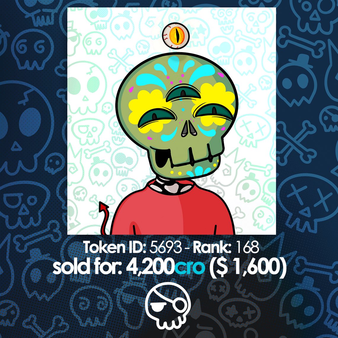 CroskullNFT's tweet photo. SALE OF THE DAY! π₯
Rank #168 sold for 4200 #cro!
#CroSkull #cronosNFT #crofam #cronos #skullvolution https://t.co/vUsmluRVKB
