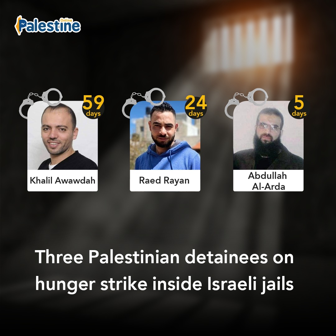 FreePal10382211's tweet photo. The #Palestinian detainees, Khalil Awawdah and Read Rayan, continue their hunger strike in protest of their administrative detention without charge or trial by the Israeli occupation.

Meanwhile, Abdullah Al-Arda continues his hunger strike in protest of his ongoing isolation. https://t.co/vrUCZw6sw4