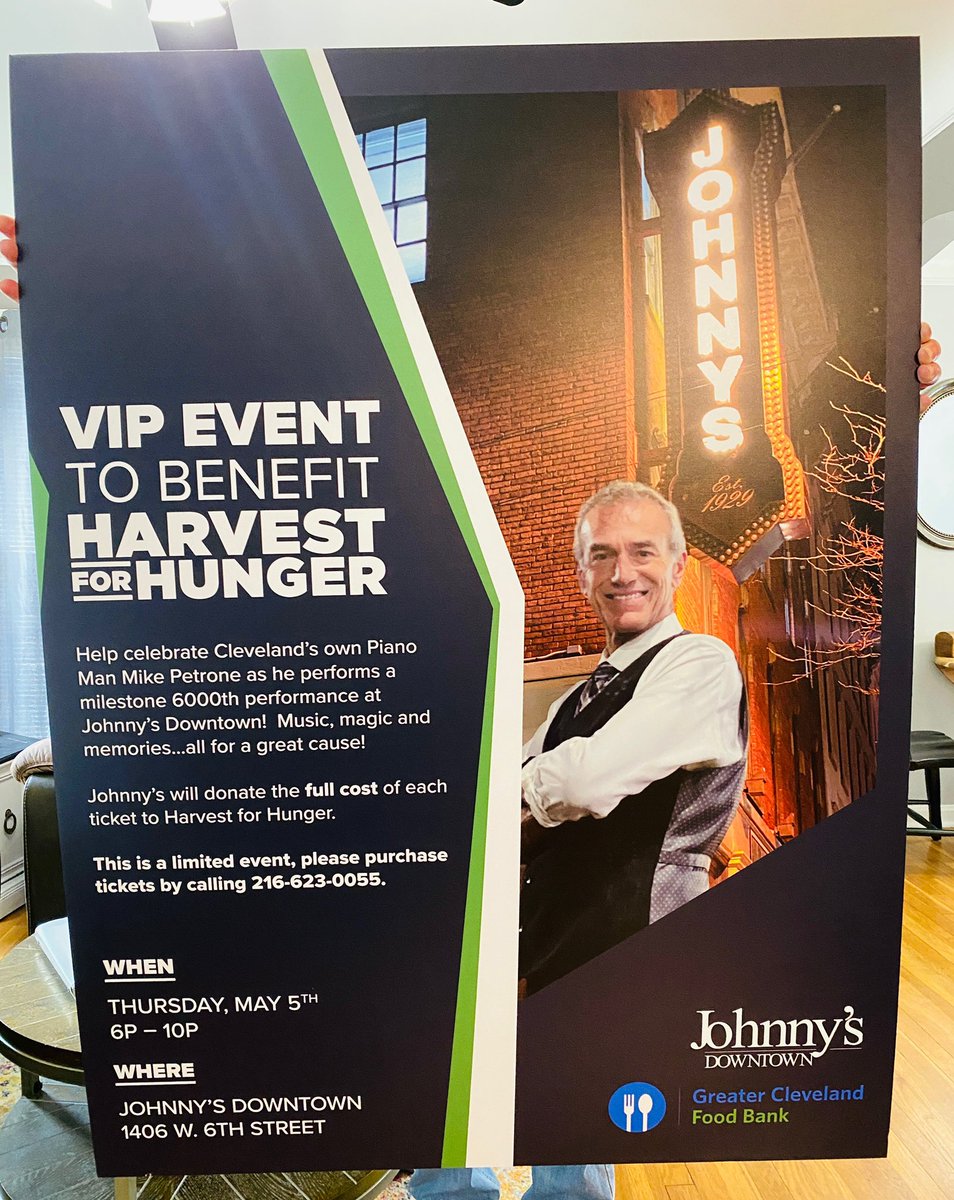 MikePetrone1's tweet photo. This Thursday May 5th Johnny’s Downtown and I will host a fundraiser for the @CleFoodBank in honor of my 6,000th performance. Call (216) 623-0055 for details. #clefoodbank #mikepetrone #johnnysdowntown #harvestforhunger https://t.co/DKo9LbHE4X