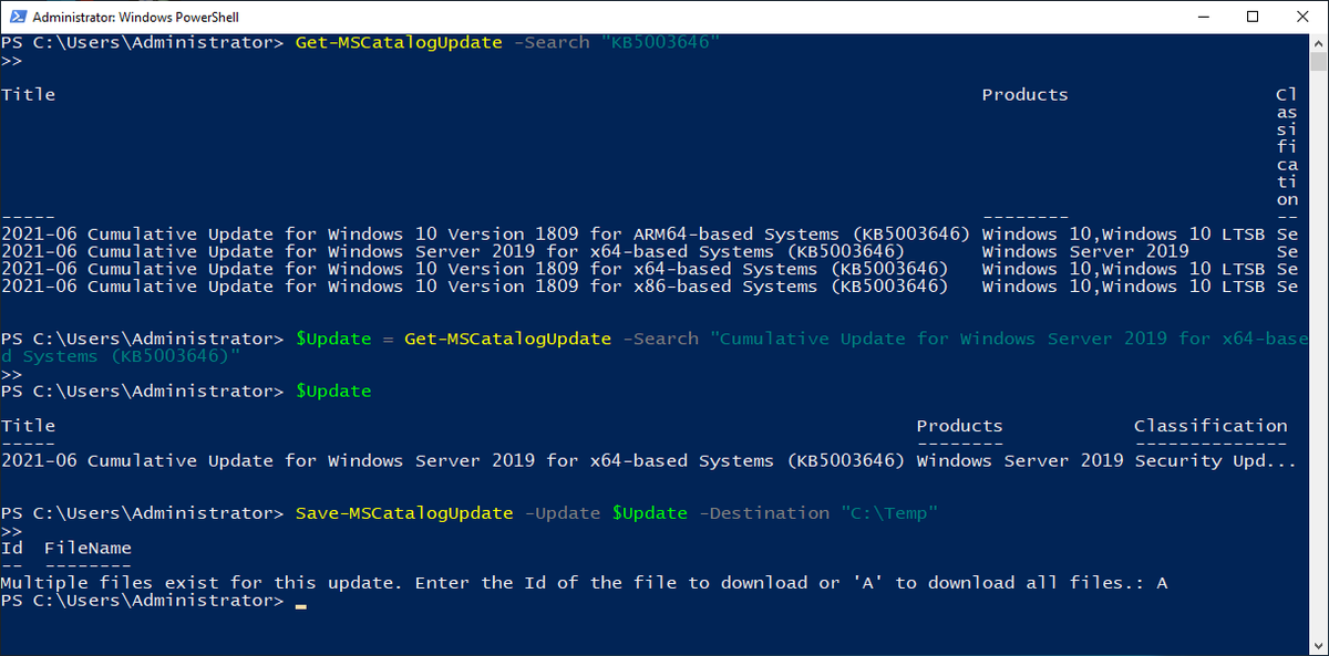 pcwebplus's tweet photo. Hi @_ryanjan_

I've installed the MSCatalog PowerShell module, but it does not download the update. KB5003646 is still present in the update catalog of MS and not expired.

Any thougts? Thanks... https://t.co/g6WHqmhFcj
