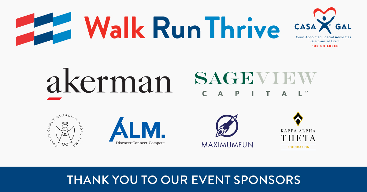 NationalCASAGAL's tweet image. Thanks to everyone already out this morning participating in #WalkRunThrive! A special thank you to our national event sponsors: @Akerman_Law Sageview Capital, Collin Comey Guardian Angel Fund, @ALMGlobal_, @MaxFunHQ &amp;amp; @BettieLocke.