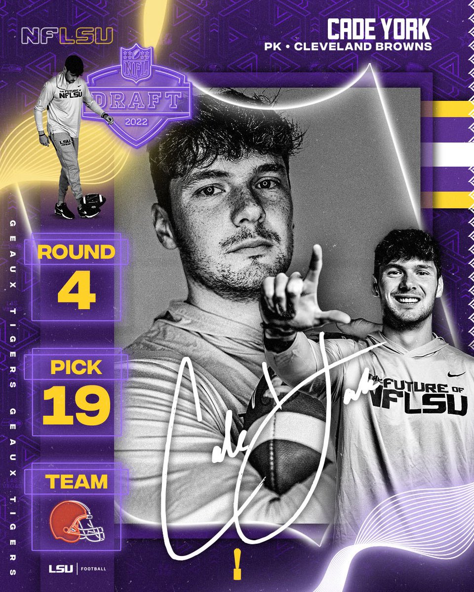 LSUfootball's tweet photo. The first kicker drafted in school history! 

Cade York has been selected by the @Browns in the 4th round. https://t.co/NzpRBjyCPV