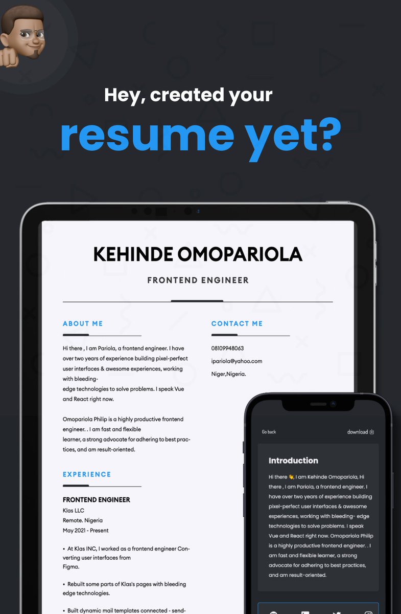 iPariola's tweet photo. Every detail is built to perfection on @rezu_me ๐
Tag @rezu_me with your published resume page, we can't wait to see what you've built
#resume #resumeweb #resumepro #hrtech #hr #techjobs https://t.co/NDN7UE10GE