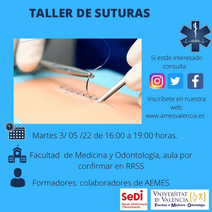 aemesvalencia's tweet photo. Si estás interesado/a en aprender a suturar anímate y ven con nosotros el próximo martes 3 de mayo en la Facultad de Medicina.
Inscríbete en: https://t.co/1OQY9JrdEC 
¡Te esperamos, no te lo puedes perder! https://t.co/23oqCqyaVq