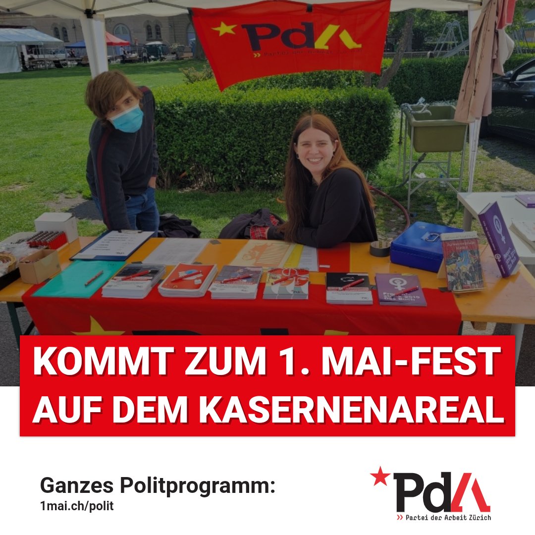 PdAZuerich's tweet photo. Heute und morgen auf dem #Kasernenareal: 1. Mai-Fest des @1MaiZH. Kommt vorbei, besucht unseren Stand. Wieder ein grossartiges Fest mit spannenden Veranstaltungen, Konzerte und feinem Essen.
Das ganze #Politprogramm:
https://t.co/AW0EqHkdLB
#1mai #1maifest #1mai22 #1maizh https://t.co/wneiw1xNgU