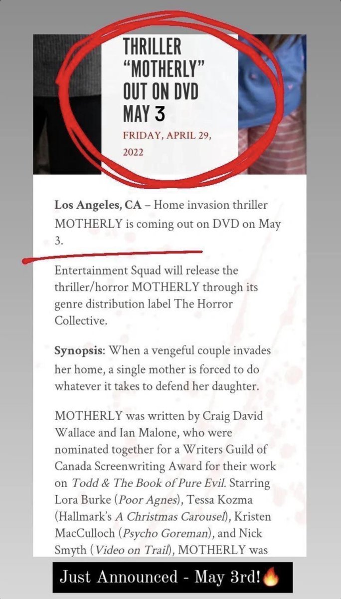 <a href="/MotherlyMovie/">MOTHERLY</a> will see it’s American DVD on May 3rd courtesy of #EntertainmentSquad 

<a href="/thecraigwallace/">Craig Wallace</a> @TheNickSmyth <a href="/loraburke/">Lora Burke</a> <a href="/entsquad1/">Entertainment Squad</a> <a href="/ShakedBerenson/">Shaked Berenson</a> <a href="/FedergreenEnt/">Avi Federgreen</a> <a href="/RavenBanner/">Raven Banner</a>