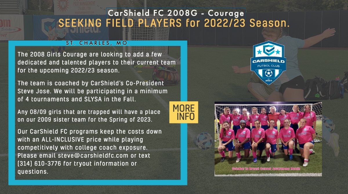 CarShield Futbol Club (@carshieldfc) on Twitter photo 2008 Girls - Do you have what it takes? Our 2008 Girls Courage is SEEKING EXPERIENCED FIELD PLAYERS for the 2022/23 season. If you are looking for a highly competitive and extremely well-coached team we'd love to meet you! EMAIL: steve@carshieldfc.com or text (314) 610-3776. 2008 Girls - Do you have what it takes? Our 2008 Girls Courage is SEEKING EXPERIENCED FIELD PLAYERS for the 2022/23 season. If you are looking for a highly competitive and extremely well-coached team we'd love to meet you! EMAIL: steve@carshieldfc.com or text (314) 610-3776.