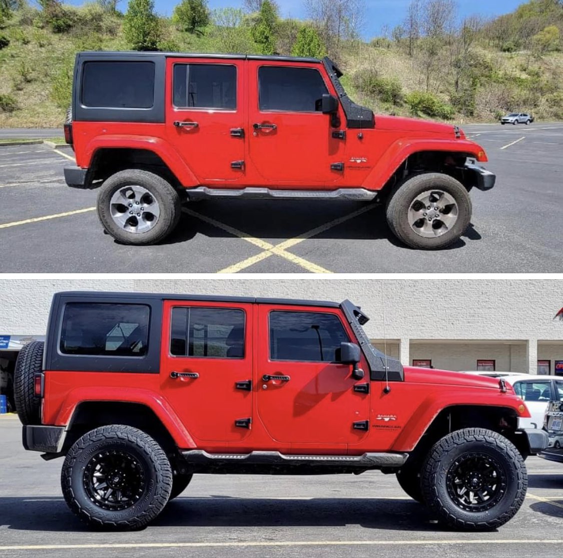 WOW! WOW! What a difference! 4”@roughcountry suspension lift made room for 35x12.50r18 @YokohamaTC Tires mounted on 18x9 @FuelOffroad Coverts with a -12 offset. The all black wheels were the perfect match. #WHEELKINGS #jeep #jeeplife #304jeepers #jeepwheels