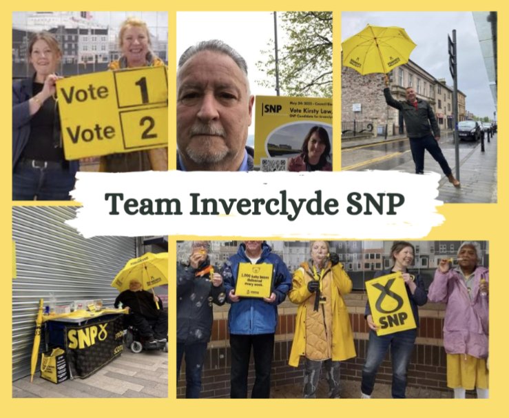 SNPInverclyde's tweet photo. With six days to go we finally got pictures with the brollies 😃

It's time for change in Inverclyde

It's time to #VoteSNP 

#TeamInverclydeSNP https://t.co/fpM4fM7ovH
