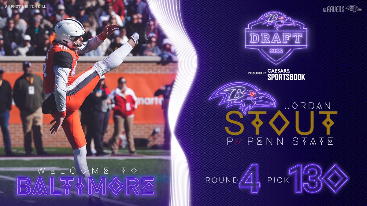 Ravens's tweet photo. We’ve selected Penn State punter @JORDANSTOUT92 with pick No. 130! https://t.co/MF6R8RmWC0