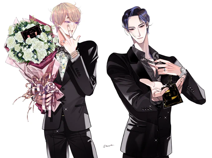 【ホストパロイラスト❶】🌹百樹&卍🌹

初期案は百さんの口元がちょっと違いました。
お揃いのリボンタイとネクタイと💍がポイント。
卍さんの時計はダイヤが敷き詰められてるやつ💎✨

#百と卍 