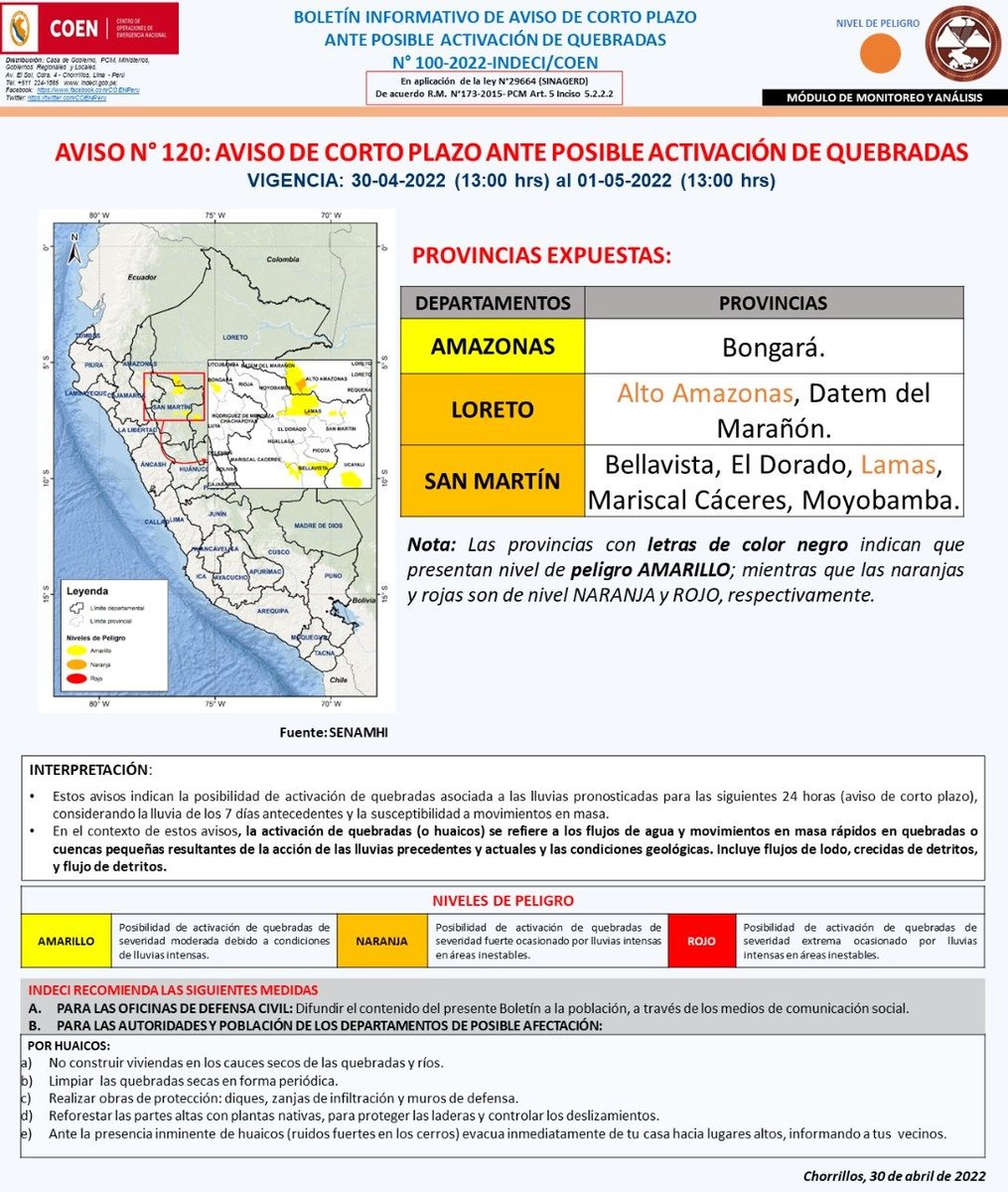 COENPeru's tweet photo. #COENInforma
Ante la posible #ActivaciónDeQuebradas que ocurriría desde hoy al 1/5 en las provincias de Alto Amazonas (Loreto) y Lamas (San Martín), @indeciperu recomienda no acercarse a cauces secos de quebradas y ríos. (1/2) https://t.co/mi3ru99Ssi
