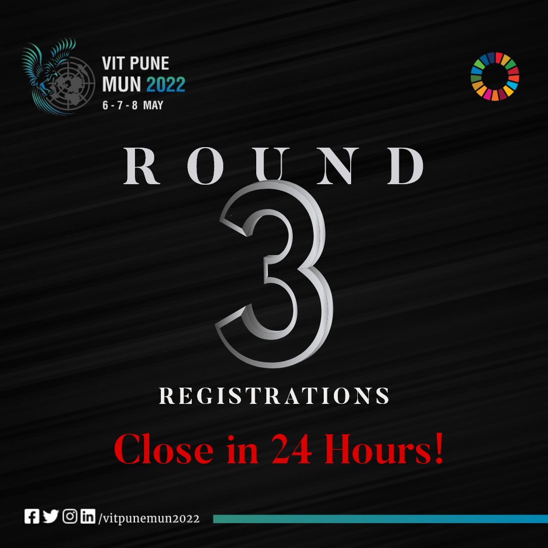 VITPuneMUN2026's tweet photo. 𝐋𝐚𝐬𝐭 𝟐𝟒 𝐡𝐨𝐮𝐫𝐬 𝐟𝐨𝐫 𝐫𝐨𝐮𝐧𝐝 𝐭𝐡𝐫𝐞𝐞 𝐫𝐞𝐠𝐢𝐬𝐭𝐫𝐚𝐭𝐢𝐨𝐧𝐬!

Grab this opportunity to become part of a mesmerizing journey!

Register now.

#VPM2022
#BeTheVoice
#ConferenceOfChange
#WalkTheTalk https://t.co/p8XOoSY3q1