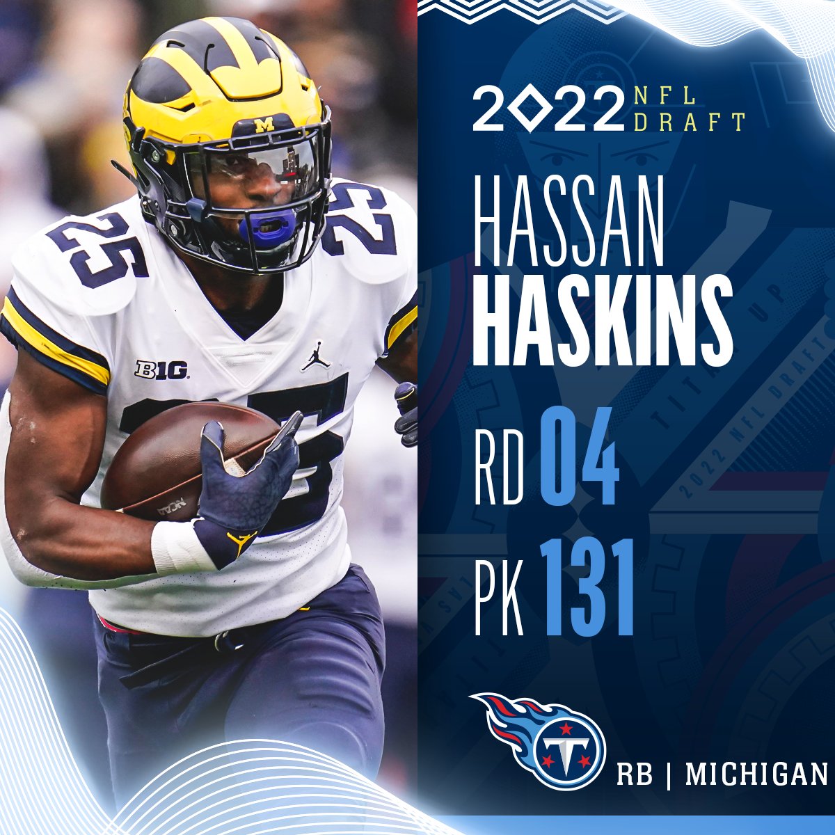 NFL's tweet photo. With the No. 131 overall pick in the 2022 @NFLDraft, the @Titans select Hassan Haskins! 

📺: 2022 #NFLDraft on NFLN/ESPN/ABC https://t.co/JwzTqbQA1o