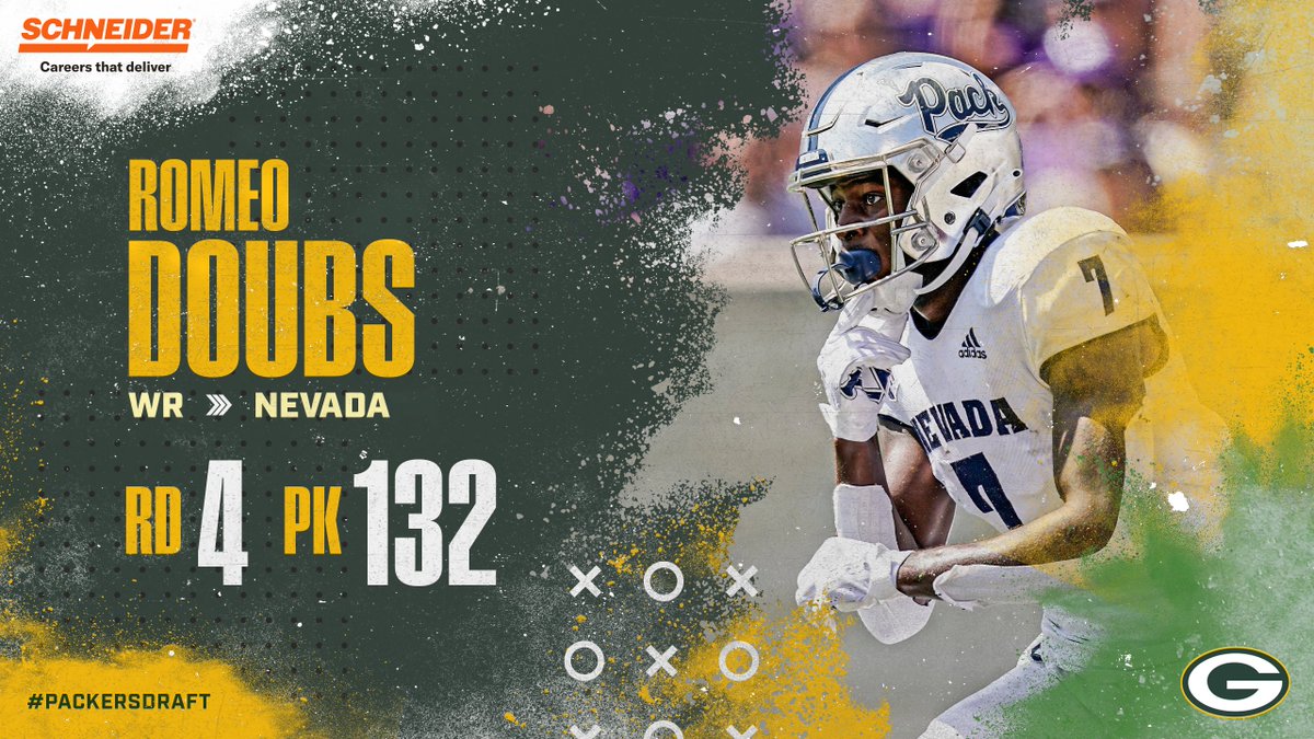 packers's tweet photo. With the 132nd pick in the 2022 #NFLDraft, the #Packers select Nevada WR Romeo Doubs!
  
#PackersDraft | @SchneiderCareer https://t.co/5tquX6gqpj