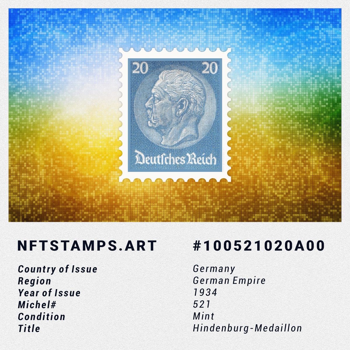 nftstampsart's tweet photo. German Empire stamps are beautiful stamps, telling lots of history, bad history. However, with our stamps, you learn a lot about the German past. Check our bio.
Get your own NFT now: DR 521 ** - Hindenburg-Medaillon 1934
#philately
#nftwax
#waxp
#opensea
#nftgiveaway
#briefmark https://t.co/VkXMdURRAb