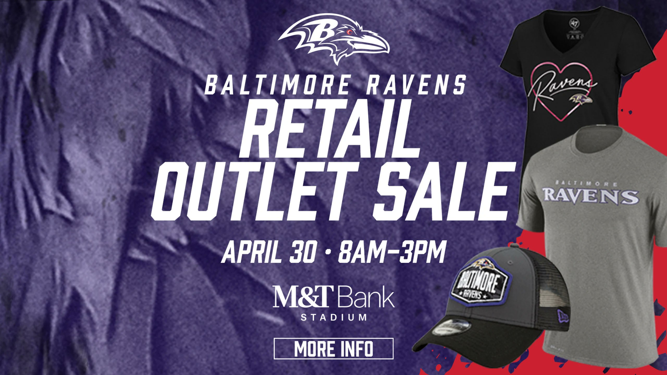 Baltimore Ravens on X: 'Our Retail Outlet Sale is at M&T Bank Stadium  today from now until 3 p.m.! Fans can take advantage of 30-60% off Ravens  merchandise! Info:   /