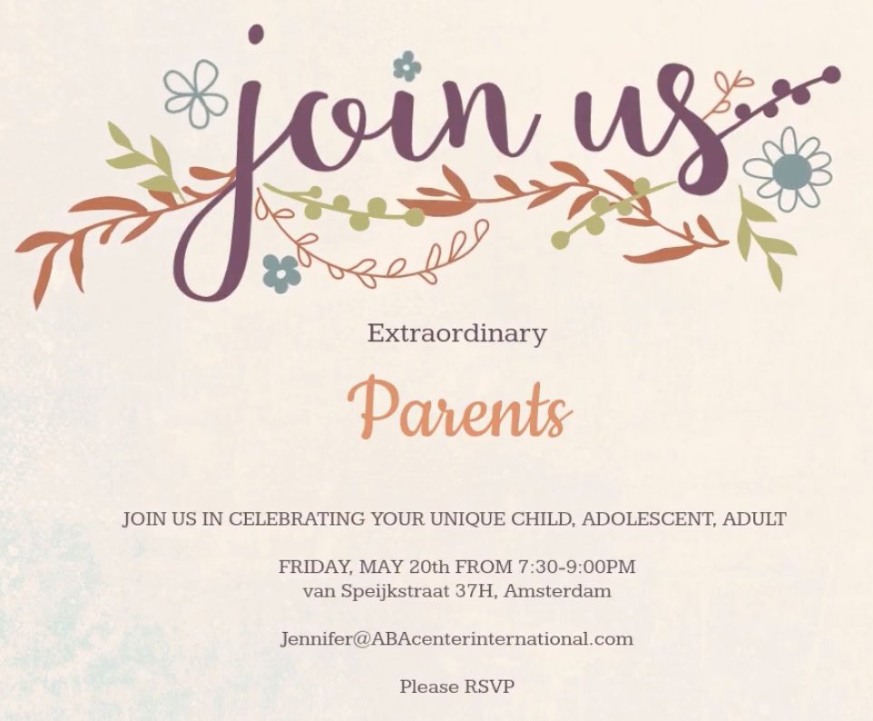 ABAExpertise's tweet photo. Amsterdam meeting. Hello, amazing parents. A month or so ago, I sent around a survey for a parent support group. Most parents were available on the Friday evening so I chose to plan the first meeting for Friday, May 20th. Please see the invite and RSVP info below. https://t.co/R2cnD4FL8H