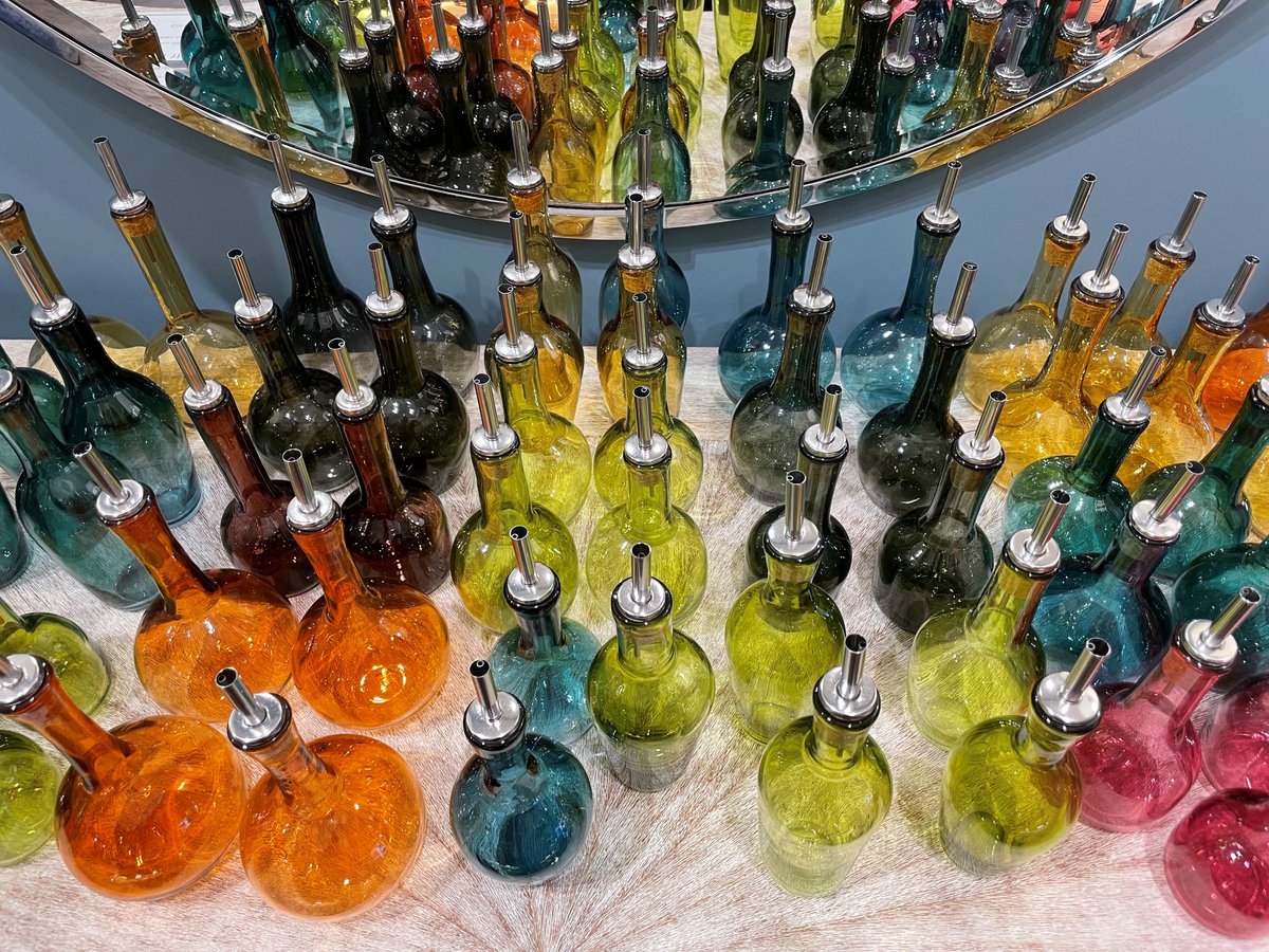 New stock of our popular hand blown olive oil bottles have arrived in!