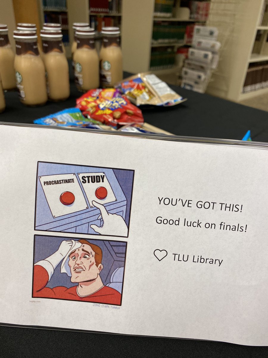 tlulibrary's tweet photo. The library is open 8-5 on Saturday for finals! Come get a study snack ☕️ https://t.co/oXfFz6u0mJ