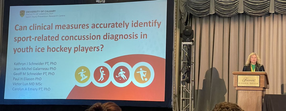 KnowThyHealth's tweet photo. ⁦.⁦@uofcknes⁩ Dr. Kathryn Schneider ⁦@SIPRC_⁩  presenting ⁦@CASEMACMSE⁩ on the very common injury of concussion in youth ice hockey with data from #safe2play study. #no1sportscience #shred https://t.co/w6W8Aj2lP6
