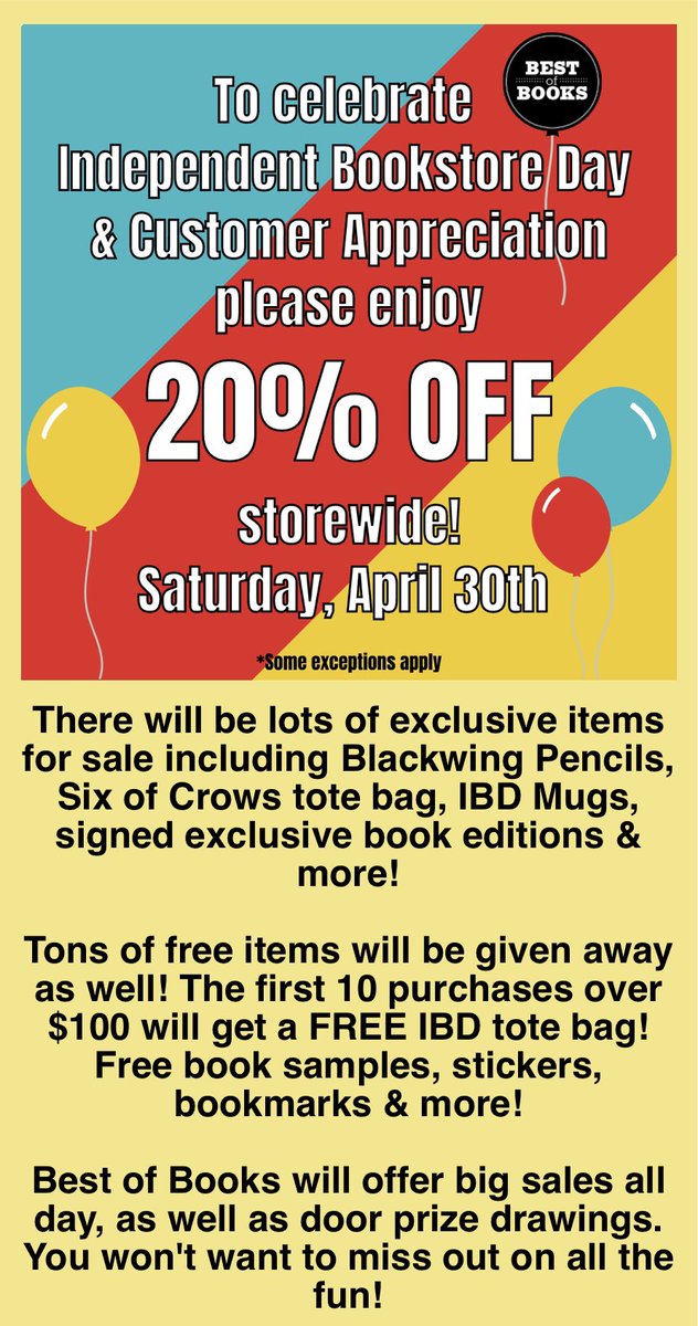 JoeHight's tweet image. Big day at BoB and other indies on #IndependentBookstoreDay It’ll be day full of freebies, discounts and cookies. Join us at @bestofbooksok from 10 a.m. to 7 p.m. today or support any indie bookstore near you. @ken_ragsdale @stevelackmeyer @profkrg
