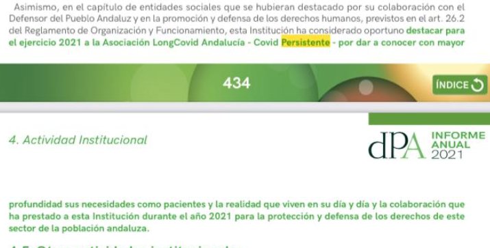 AndaluciaCovid's tweet photo. Es un honor que “La Asociación LongCovid Andalucía haya sido la entidad que el Defensor del Pueblo andaluz ha querido destacar en su Informe Anual 2021 por su trabajo por dar a conocer con mayor profundidad sus necesidades como pacientes y la realidad que viven en su día a día” https://t.co/h0HBLuhStG