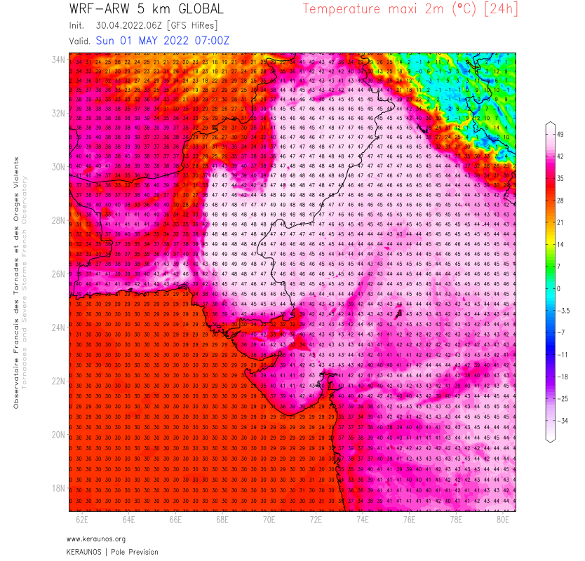 Il devrait faire un peu plus chaud demain 1er mai entre le #Pakistan (fréquemment 49°C) et l'#Inde où les 47°C pourraient être dépassés selon ARW 5km. 