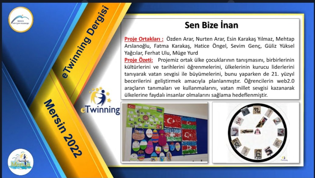 sevimgen1's tweet photo. #eTwsenbizeinan
@tretwinning 
@eTwinningMersin 
@MersinMEMArGe 
@23Nisanlkokulu1 
@MersinMEM 
@bircankeles 
@AkdenizilceMem 

"Sen Bize İnan" adlı eTwinning projemiz Mersin eTwinning dergisinde yayımlandı. https://t.co/EFxPMp9J2s