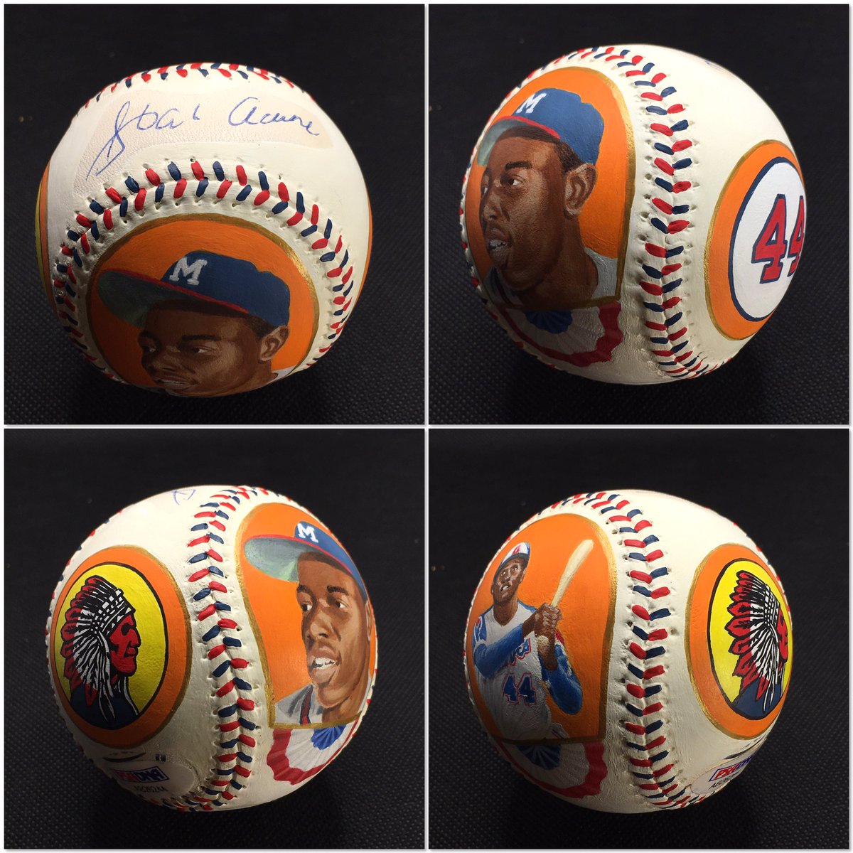 AgFredricksen's tweet photo. Hand painted Hank Aaron autographed baseball inspired by his 1954 Topps rookie card.-Commissioned @Braves @MLB @Topps @Fanatics @baseballhall #baseball #baseballart #cardcollecting #vintagebasebacards #baseballcards #topps #psa #baseballcollection https://t.co/dErcxwZqUz