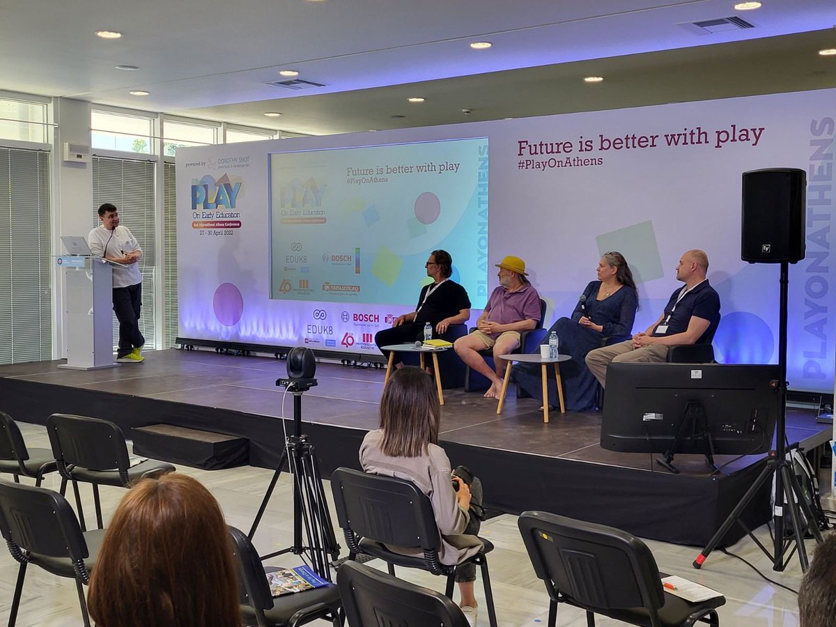 PlayEarly's tweet photo. 👉🏻 Closing discussion with @MeynellGames @SuzanneAxelsson @TheTeacherTom @yiannoudis and #johnaxelsson. 

Thank you all for the inspiring talks! #playonathens https://t.co/fv4KANAim4
