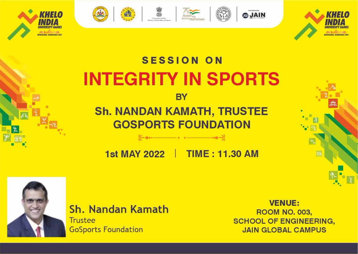Khelo India (@kheloindia) on Twitter photo Catch an interesting & informative session on Integrity in Sports by <a href="/nandankamath/">Nandan Kamath</a> , Trustee of <a href="/GoSportsVoices/">GoSports Foundation</a>👍 tomorrow at <a href="/JainDeemedtbUnv/">JAIN (Deemed-to-be University)_Officials</a> From 11:30 Am 🕦
Set a reminder⏰
#KIUG2021 #KheloIndia Catch an interesting & informative session on Integrity in Sports by <a href="/nandankamath/">Nandan Kamath</a> , Trustee of <a href="/GoSportsVoices/">GoSports Foundation</a>👍 tomorrow at <a href="/JainDeemedtbUnv/">JAIN (Deemed-to-be University)_Officials</a> From 11:30 Am 🕦
Set a reminder⏰
#KIUG2021 #KheloIndia