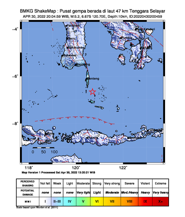 infoBMKG's tweet photo. #Gempa Mag:5.2, 30-Apr-22 20:04:59 WIB, Lok:6.67 LS, 120.70 BT (Pusat gempa berada di laut 47 km Tenggara Selayar), Kedlmn:10 Km Dirasakan (MMI) III-IV Selayar #BMKG https://t.co/SJFKHKKugD