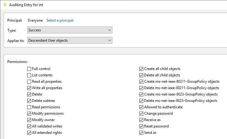 In Active Directory Administrative Center and open the Advanced security dialog for the domain root. Select "Auditing" and "Add"Principal: EveryoneType: SuccessApplies to: Descendant User/Group objectsScroll to the bottom and click "Clear all". Change as shown in screenshot