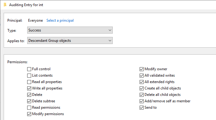 In Active Directory Administrative Center and open the Advanced security dialog for the domain root. Select "Auditing" and "Add"Principal: EveryoneType: SuccessApplies to: Descendant User/Group objectsScroll to the bottom and click "Clear all". Change as shown in screenshot