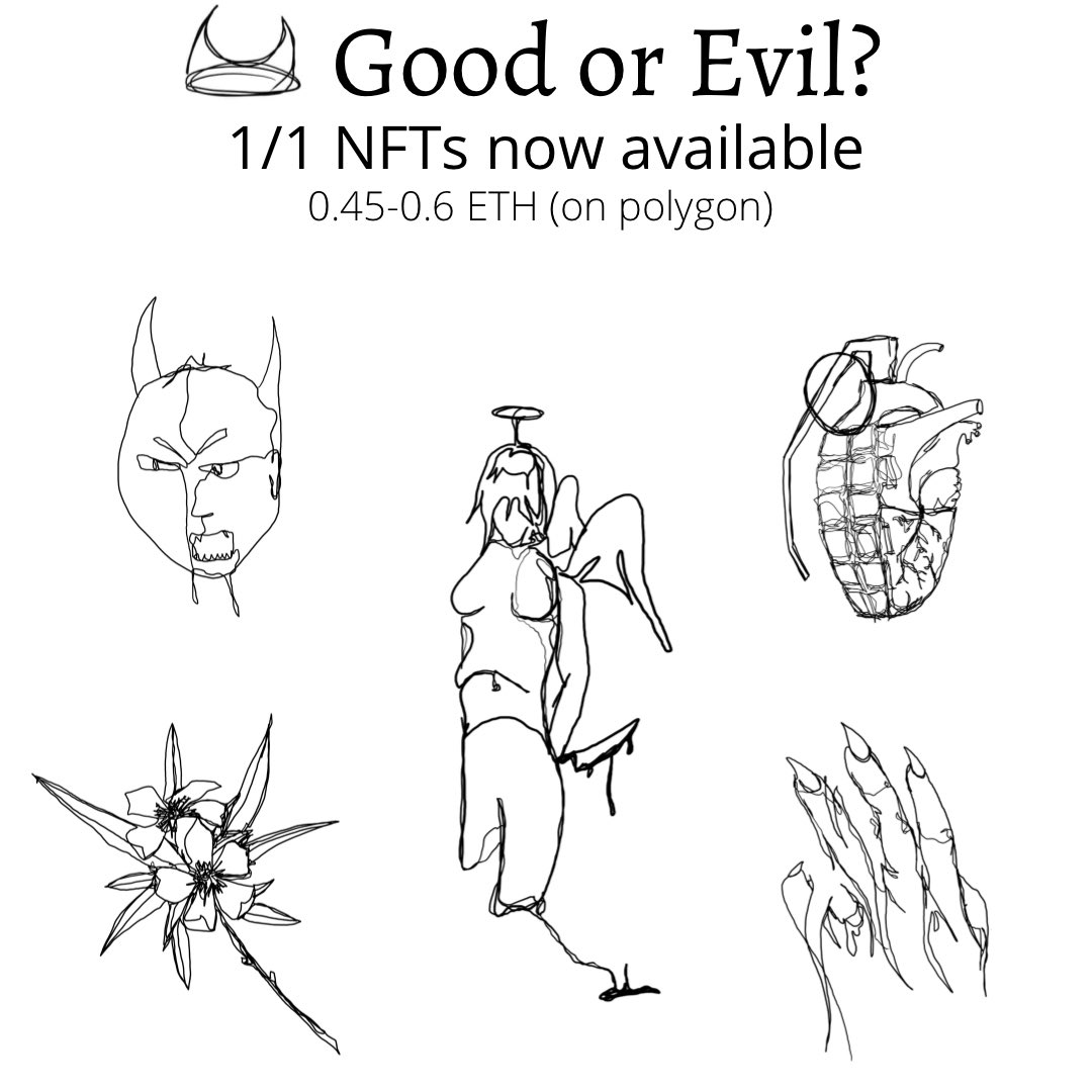 Xellou1's tweet photo. The “Good or Evil?” collection -

A series of one line drawings, exploring the concept of good and evil, light and dark using just a single line. The collection is meant to highlight the overlapping and crossing of these concepts, and the blurred line that divides them. https://t.co/vSPFymAjC1