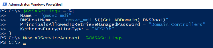 Create a new gMSA account with Kerberos encryption type AES256 and allow the domain controllers to retrieve the password.Test if the account can be accessed.