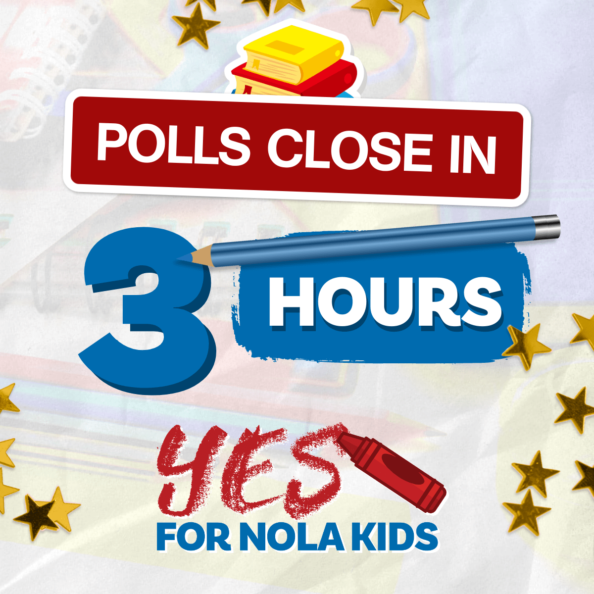 🚨Just three hours left to vote YES to help #NOLA kids be prepared for kindergarten, learn to read, and be successful in school and life. 

Polls close at 8:00 p.m. Find your polling location at geauxvote.com.
