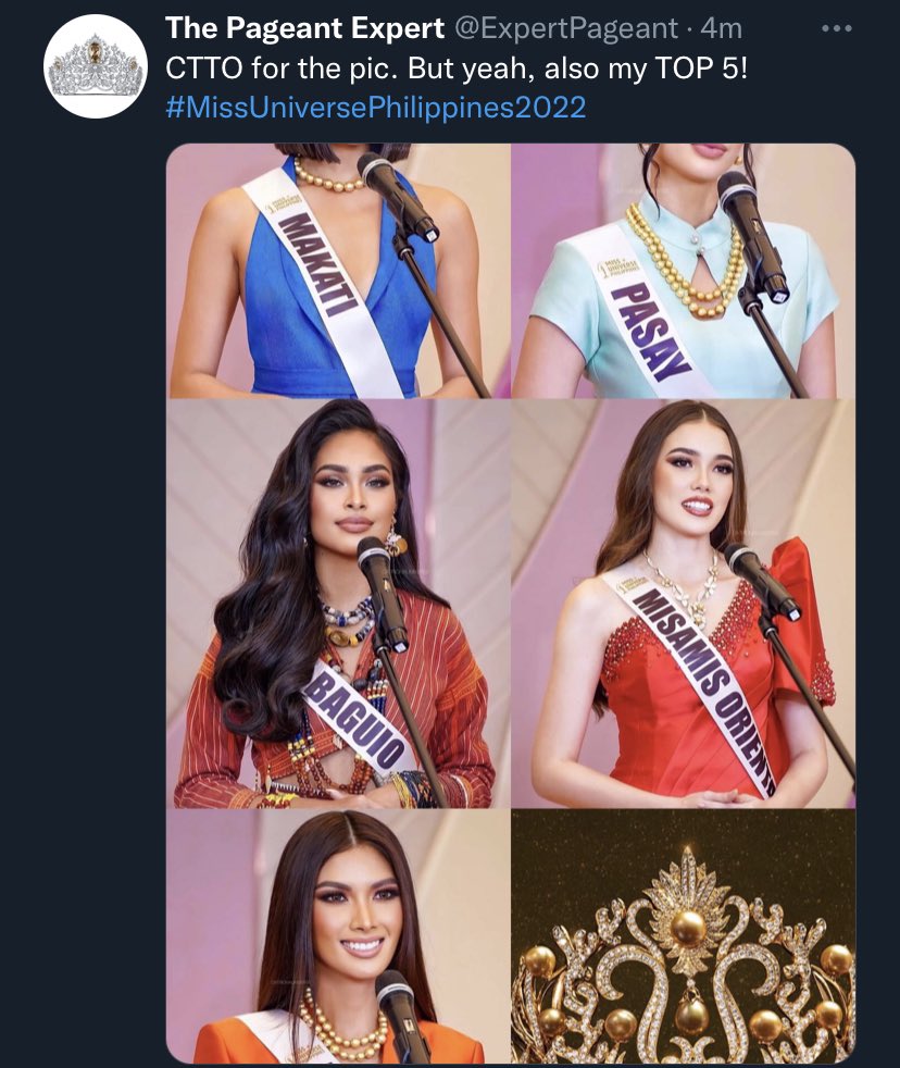 ExpertPageant's tweet photo. My top 5 were the first 5 to be called in the top 10 ❤️ #MissUniversePhilippines2022 https://t.co/uFn1G1FqRj
