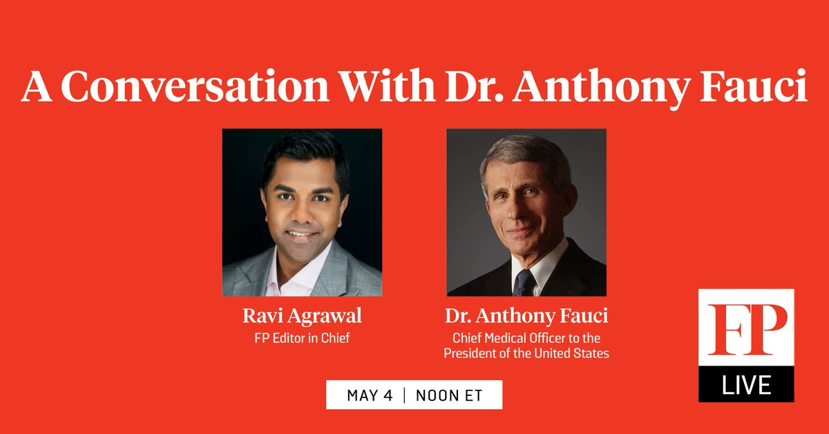 In an interview that will be released May 4 at 12 pm ET, FP's <a href="/RaviReports/">Ravi Agrawal</a> and Dr. Anthony Fauci discuss the global response to COVID-19, the war in Ukraine’s impact on the world economy, the rise of misinformation, and more. buff.ly/3MBK2I3