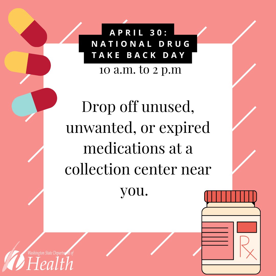 WADeptHealth's tweet image. #TakeBackDay collection sites are NOW OPEN nationwide! Help keep your community safe by cleaning out your medicine cabinet and taking back unneeded meds for safe disposal!  Find a collection site near you.  bit.ly/397bKhl