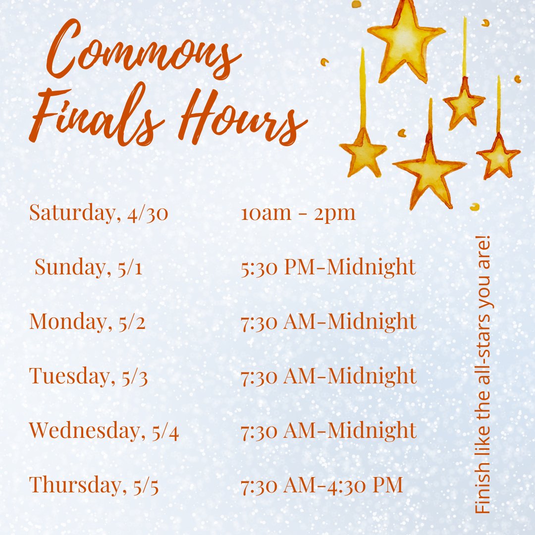 USMKeleherLearn's tweet photo. Here are our hours for the last week of the Spring semester! Come visit us extra early, extra late, or sometime in the middle. ๐๐
๐โ๏ธ
#thecommons #successfulspires #stmarystrong https://t.co/keGhZcO97i