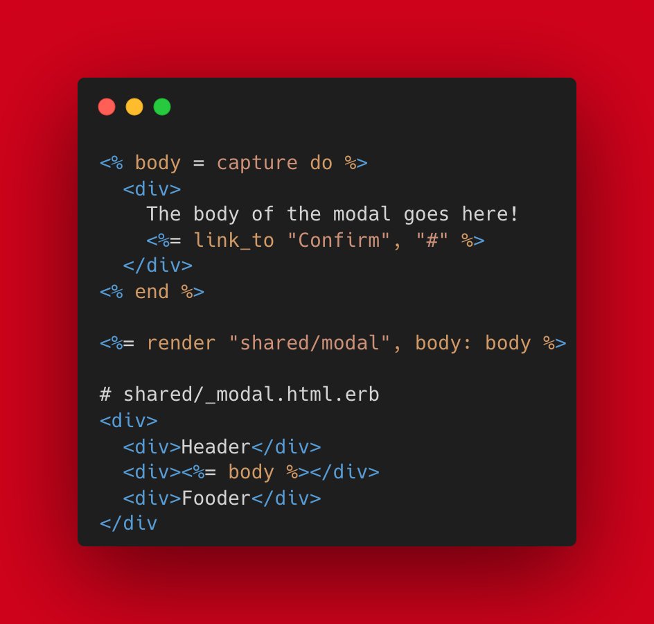 websebdev's tweet image. 💎Rails tip💎
Did you know about the view helper "capture"? It allows you to store HTML into a variable and pass it down somewhere else. You don't necessarily need view_component slots to do that!
#ruby #rails #rubyonrails